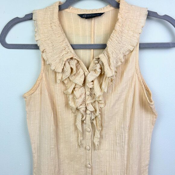 Armani Exchange Vintage Button Up Ruffle Top Sleeveless Blouse Cream Cotton S - Picture 2 of 8